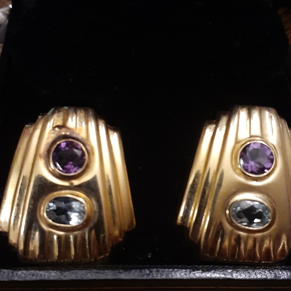 14K YELLOW GOLD BLUE TOPAZ/ AMETHYST EARRINGS NWT - Picture 1 of 7